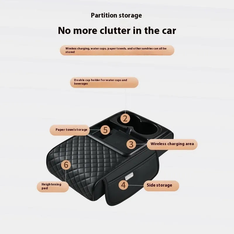 Leather car armrest box cover with wireless charging pad, tissue storage, and cup holder in black.