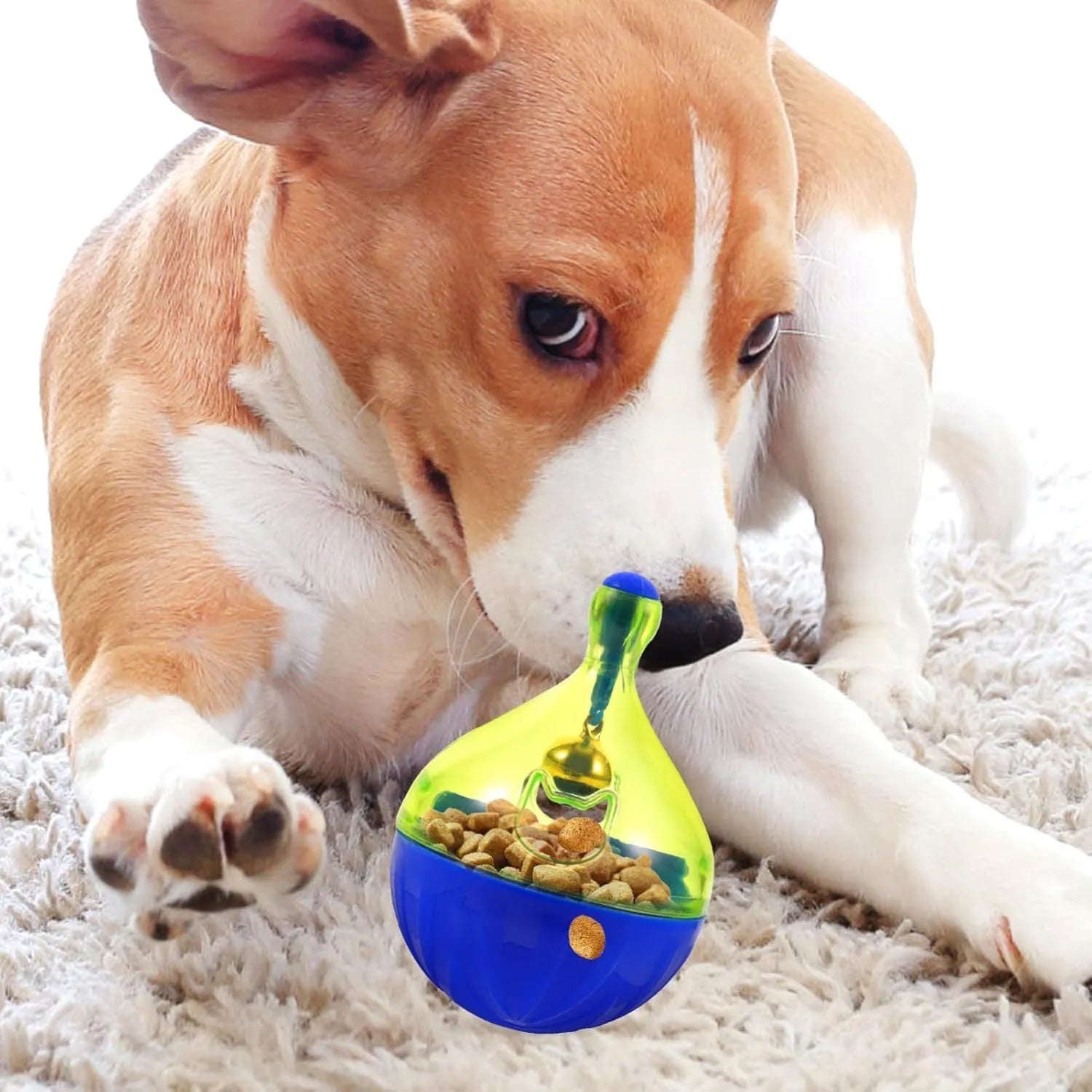 Blue tumbler-shaped pet treat dispenser toy for dogs and cats with treat holes