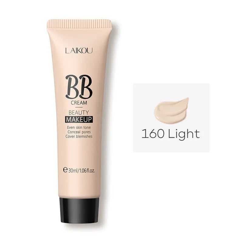 30ml tube of BB cream shown alongside swatches of its nine shades from light ivory to dark brown.
