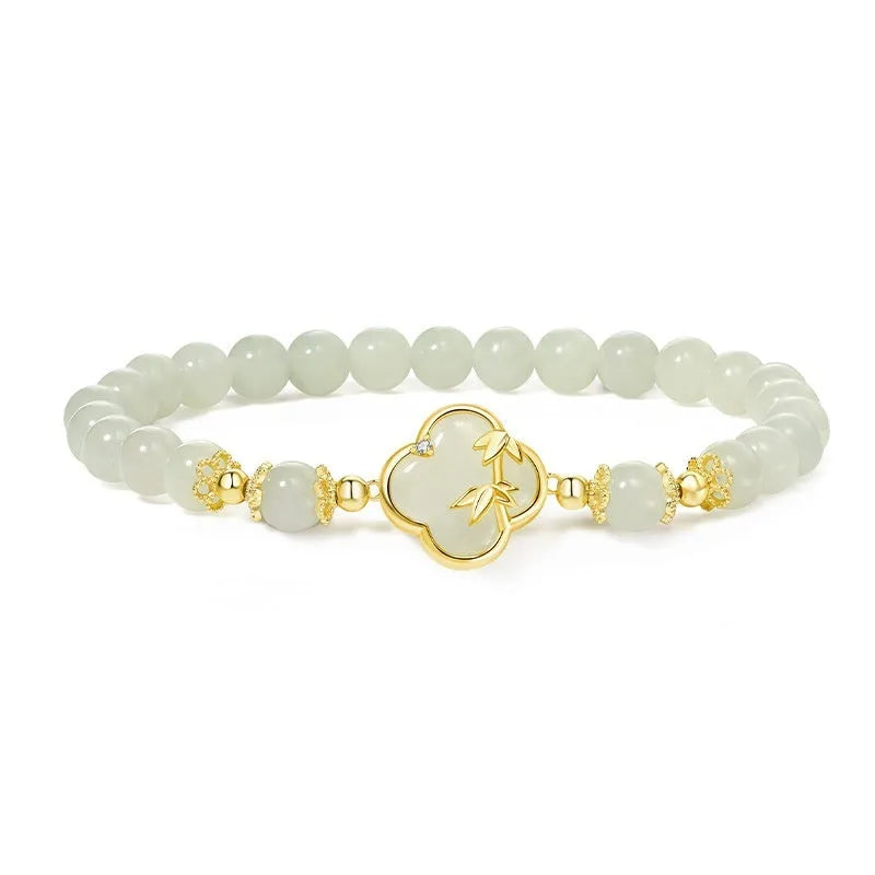 Hetian jade festival bracelet and necklace set with inlaid leaf design in national style