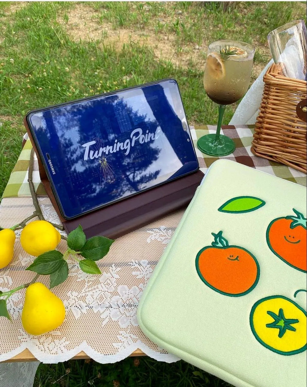 Tomato-coloured cotton cloth tablet inner bag with embroidered tomato design, for 11 inch and 15 to 15.6 inch devices