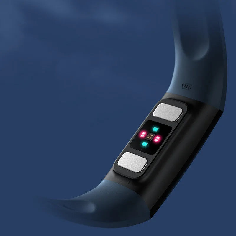 Y6 Black smart health bracelet with touchscreen displaying blood pressure and ECG graphs on a wrist.