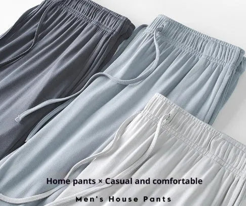 Modal men's casual sleeping pants in gray blue, full length, on a plain background
