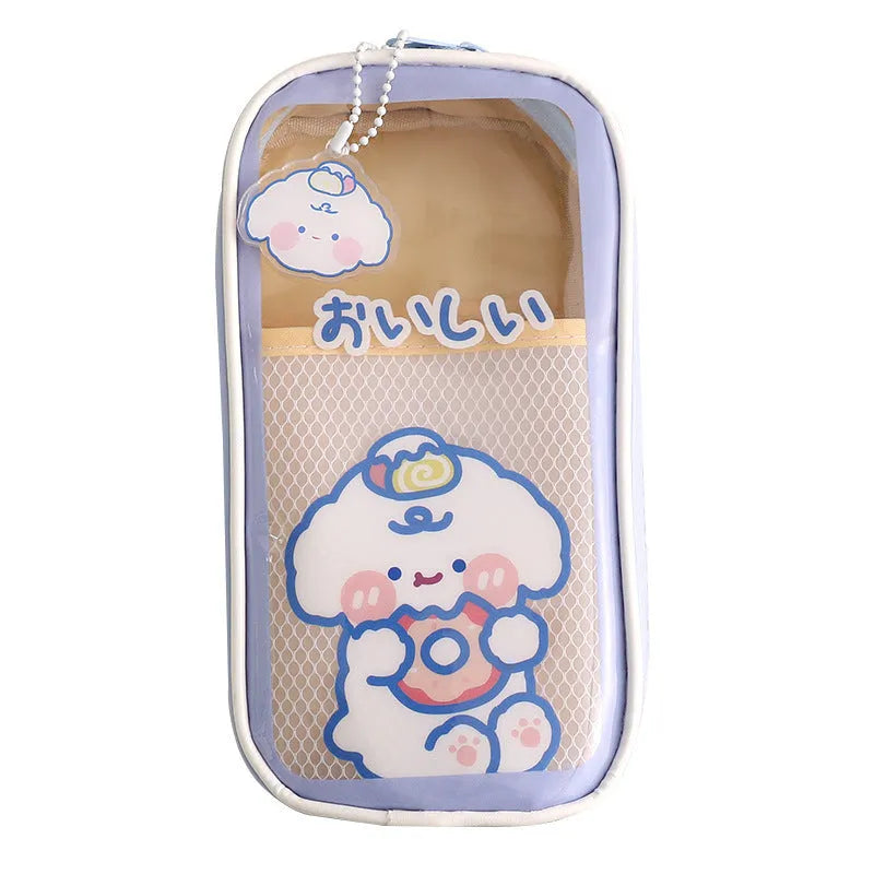 Large transparent PVC pencil case with a vertical cartoon dog design, zippered closure.