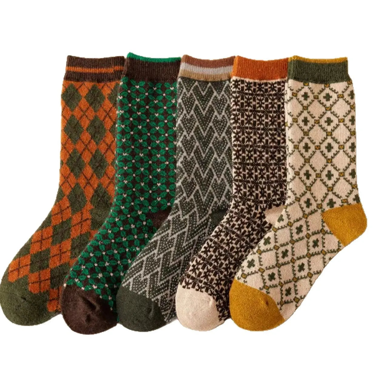 Women's mid-calf combed cotton double-knit retro ripple socks in mixed colours, jacquard pattern
