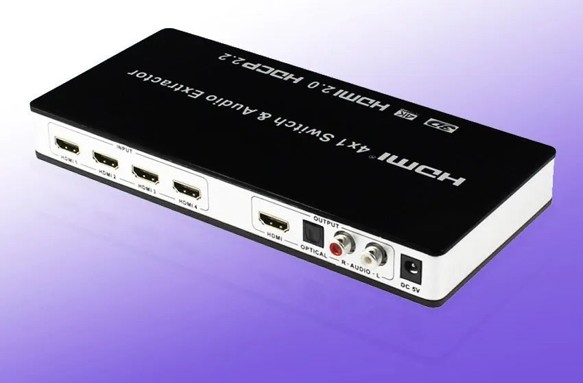 Black 4x1 HDMI switch with remote control for 4K video switching and audio extraction