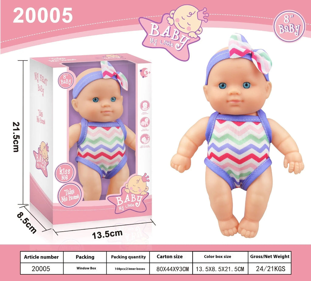 Vinyl baby figurine doll in presentation box, 21.5 cm tall, available in six colours.