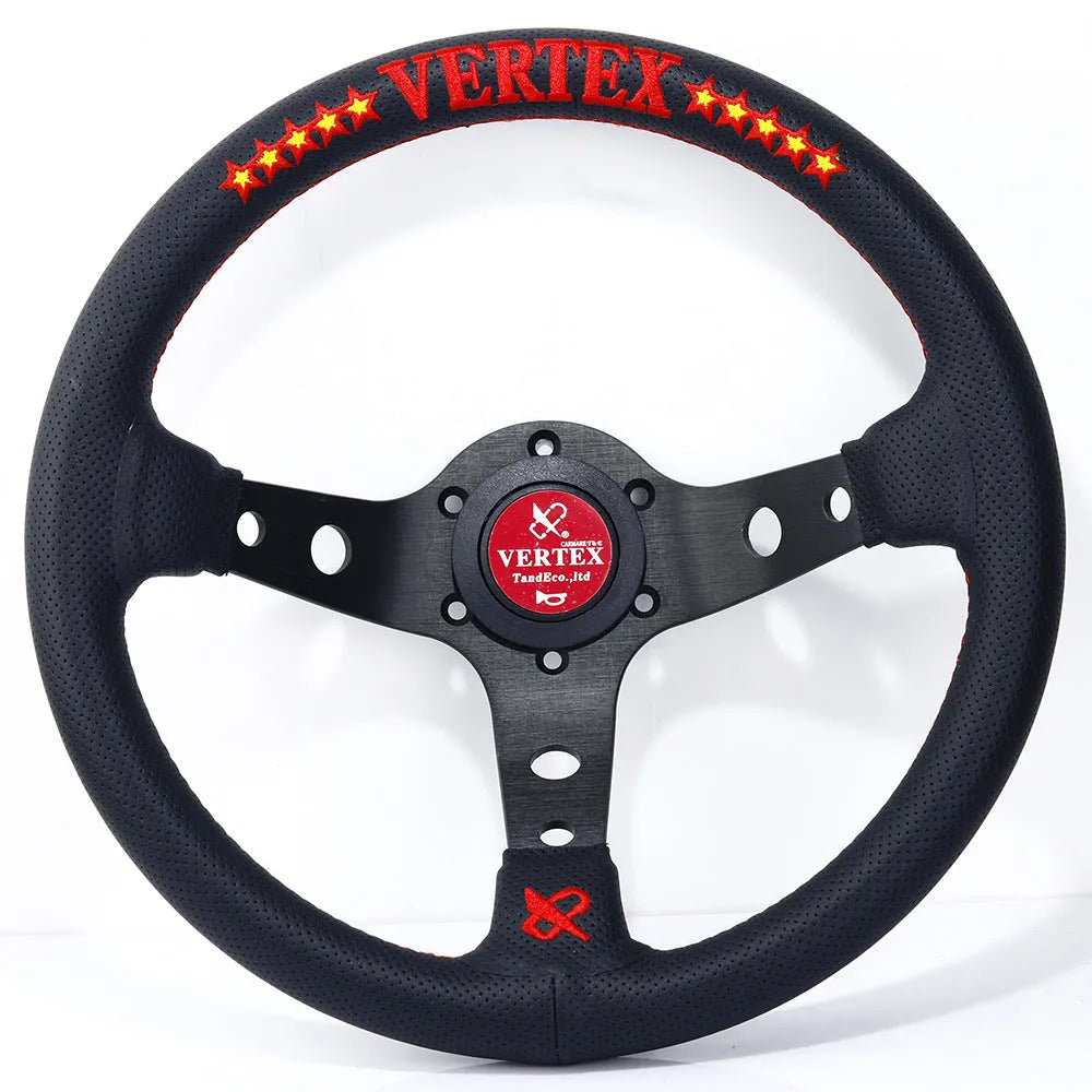 Black alloy racing steering wheel with deep concave rim and star embroidery pattern.