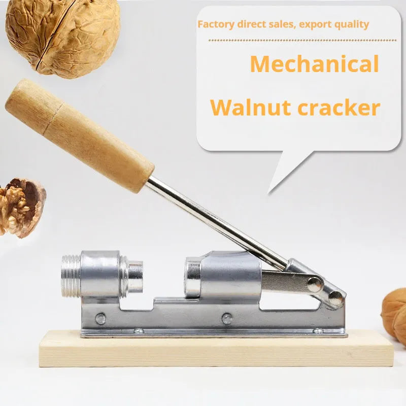 Mechanical walnut cracker with wood board and aluminium parts in irregular style