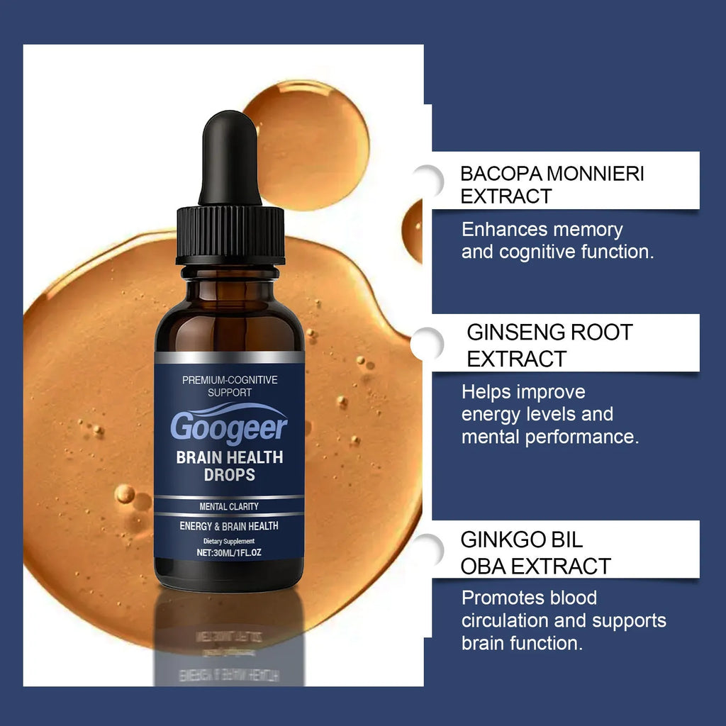 Googeer Brain Health Drops 30ml bottle with dropper, containing herbal liquid supplement for cognitive support