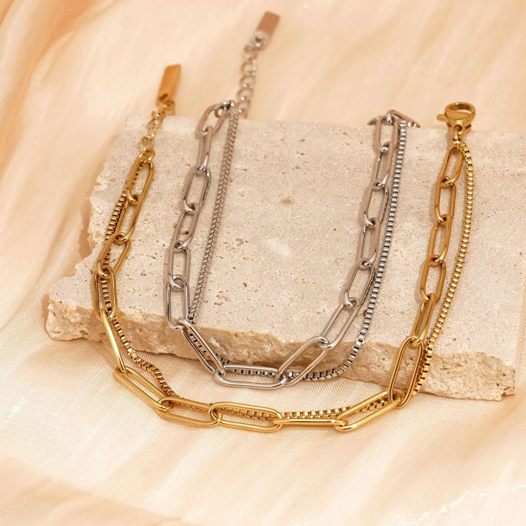Double layer twin titanium steel bracelet with geometric lines in gold or silver finish