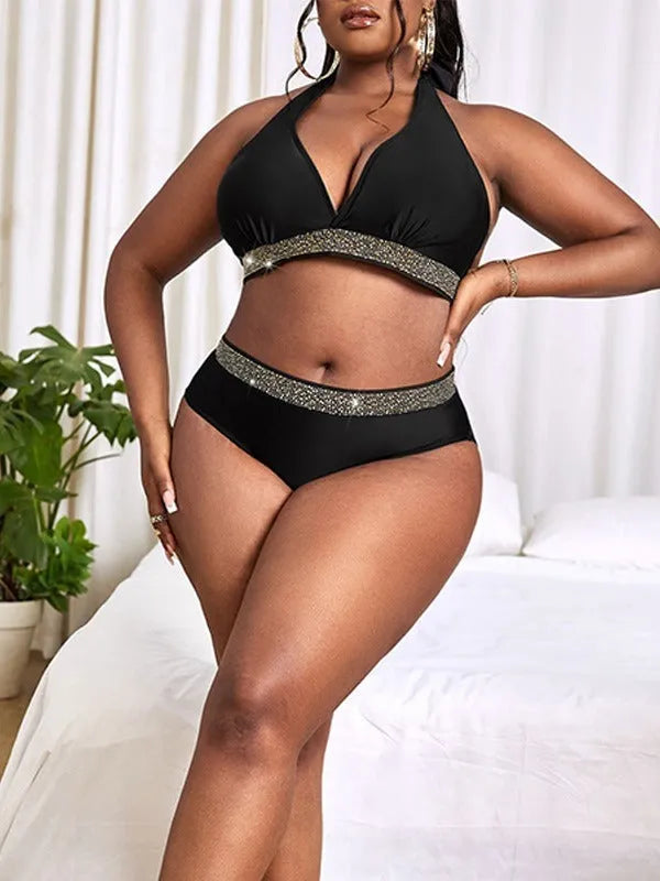 Black plus size women's bikini swimsuit set with bra and shorts, shown on a mannequin.