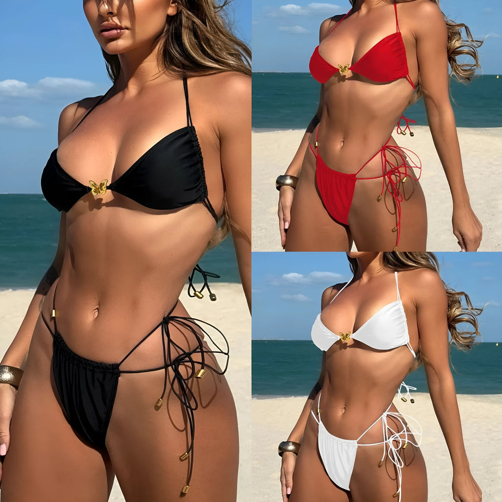 Women's elastic string butterfly ornament bikini set in solid colour with triangle top and tied split bottom