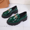 British retro round toe flat heel shoes in black glossy with PU upper