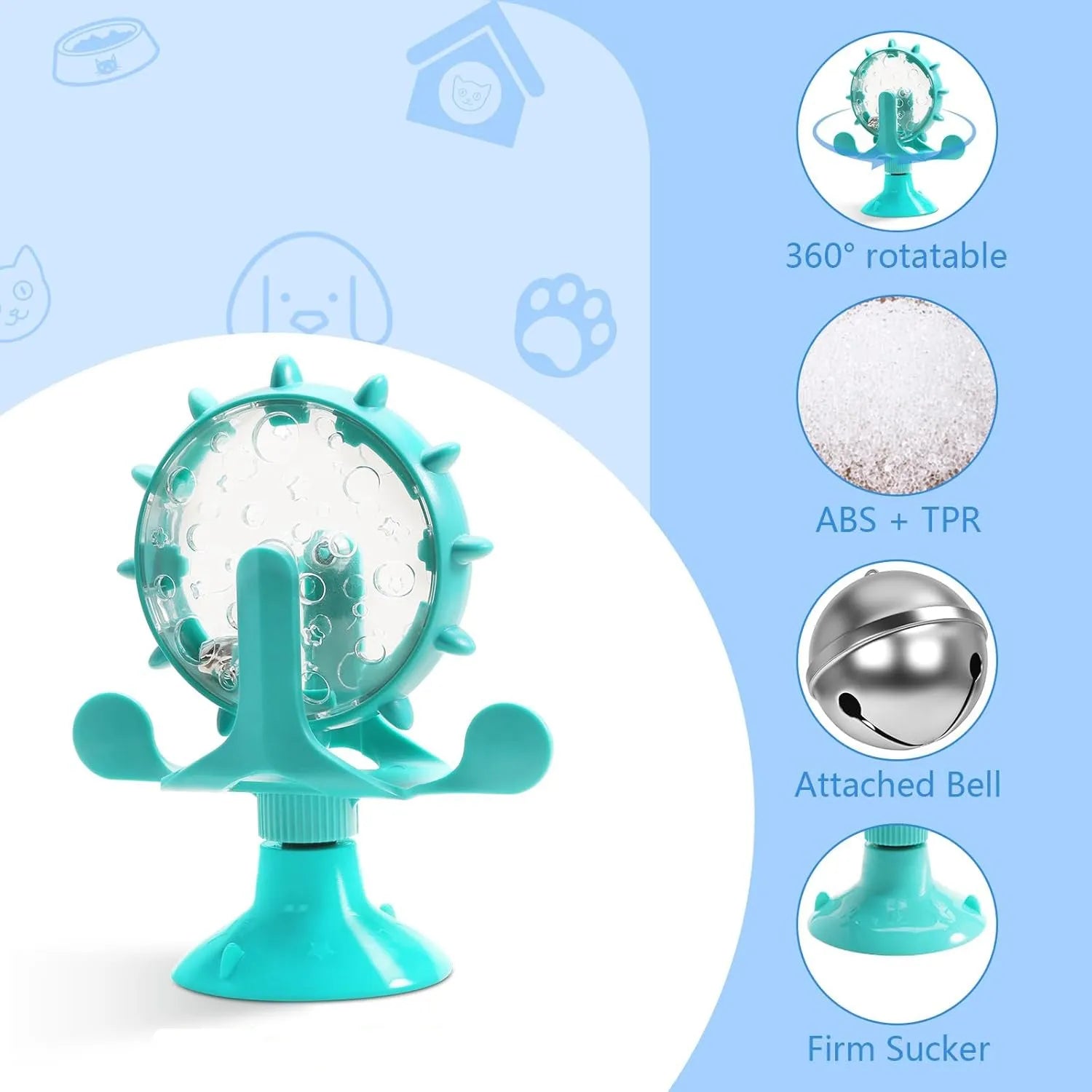 Blue interactive pet puzzle feeder toy with rotating spinner and suction cup base