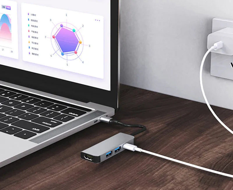 Compact aluminium four-in-one USB C hub with 4K HDMI, PD charging, USB, SD and TF card slots