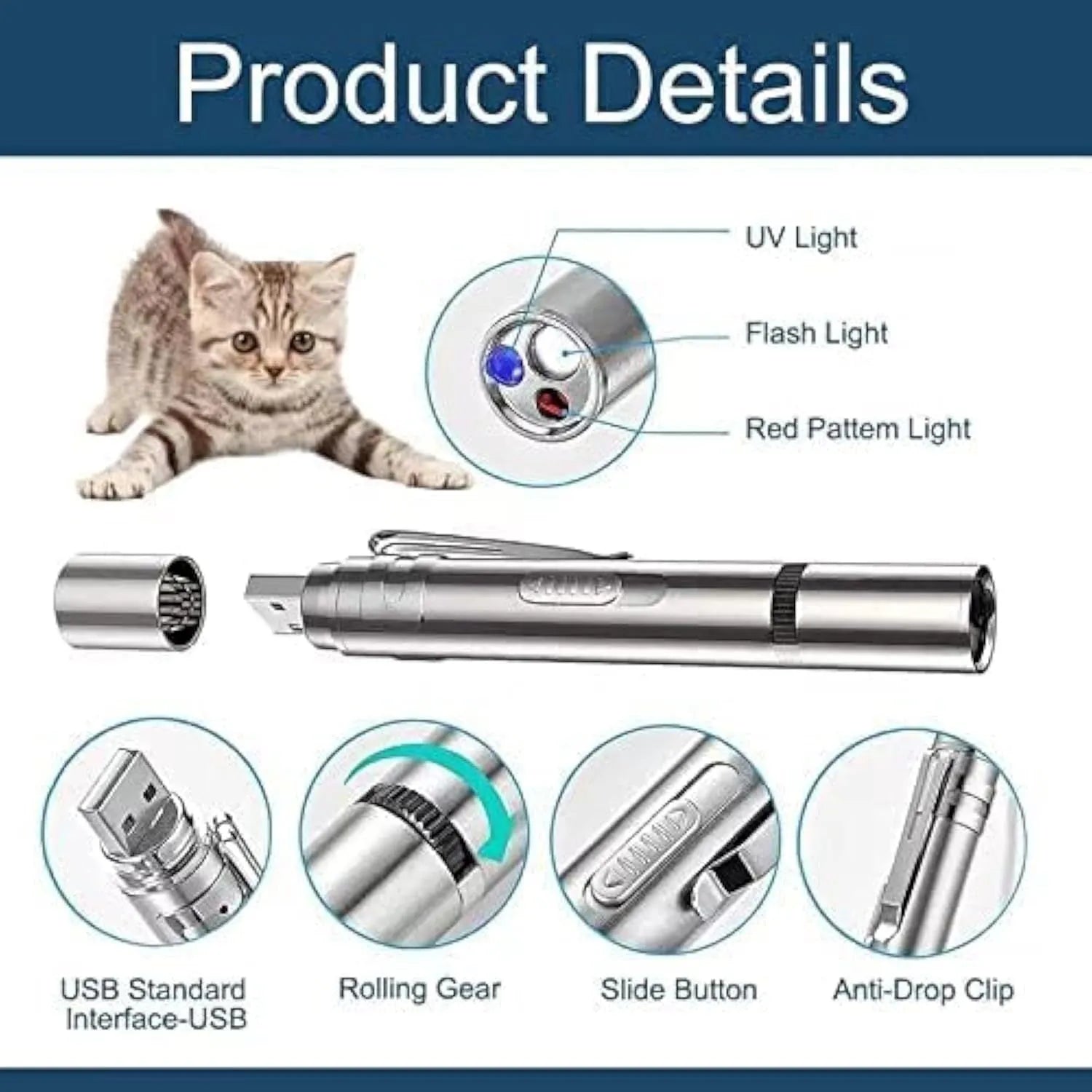 Silver aluminium cat laser pointer toy showing light patterns on a wall next to a cat.
