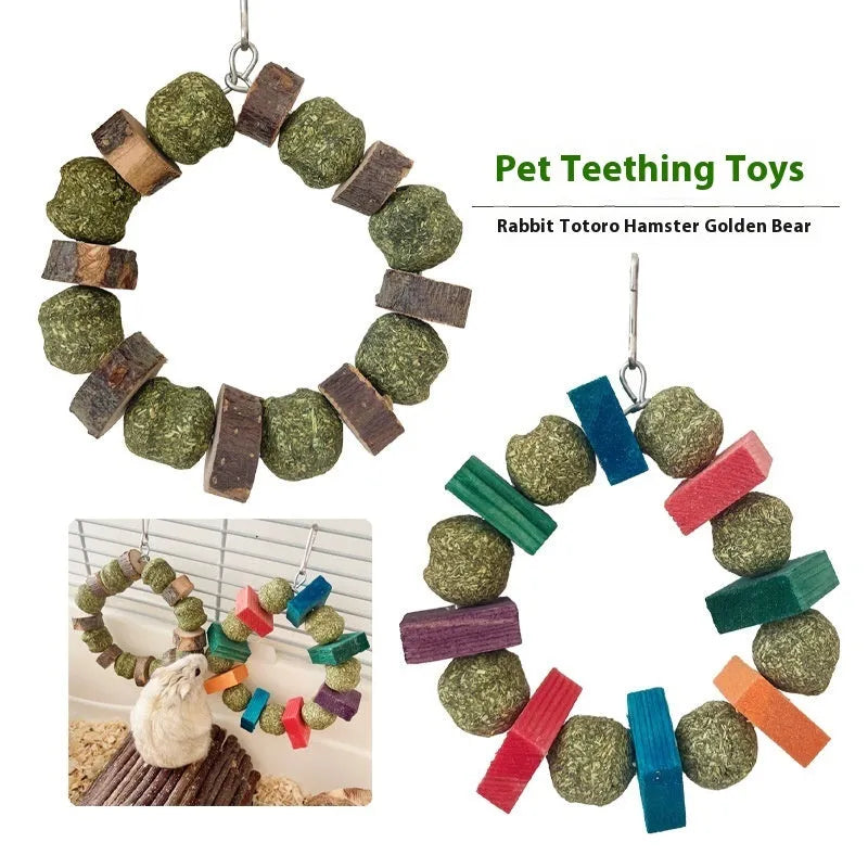 Hamster chew toy with straw ball ring and molar rod for small animal dental care