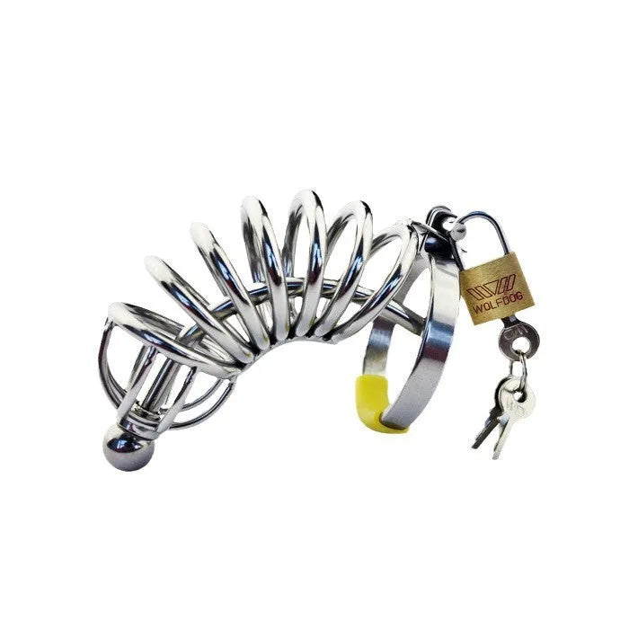 Male stainless steel chastity device with catheter and lock, available in multiple ring sizes from 38mm to 52mm