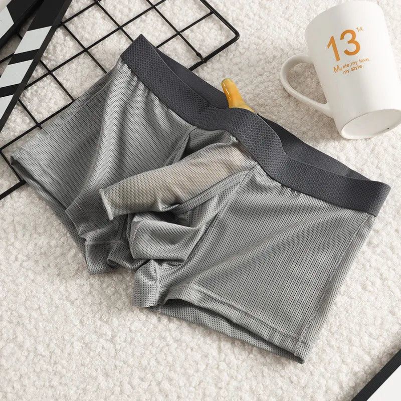 Men's ice silk boxer low waist breathable mesh knitted nylon underpants solid colour black gray white