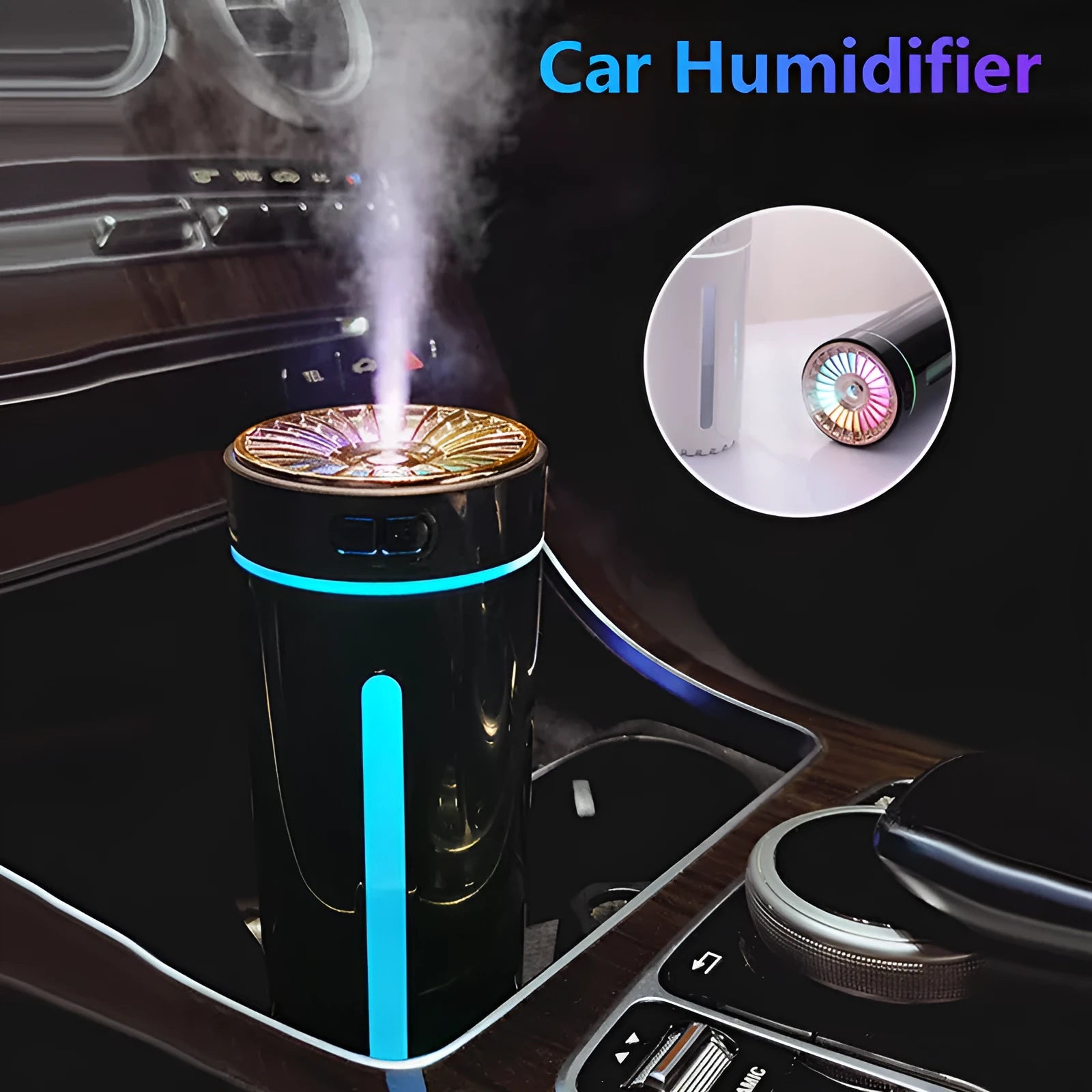 Black wireless portable humidifier with colourful lights beside car cup holder