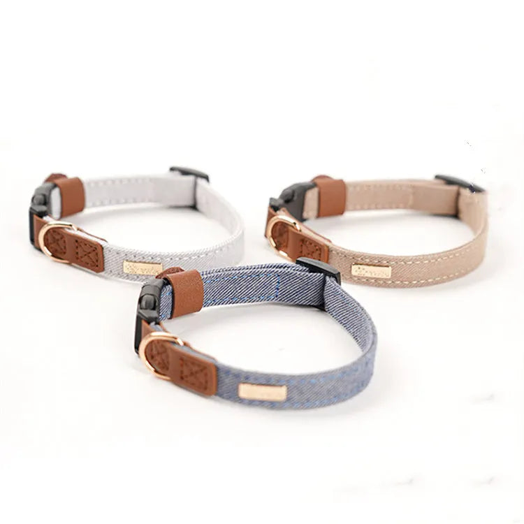 Anti-lost nameplate mohair dog collar in cement gray with matching hand holding rope for Shiba Inu