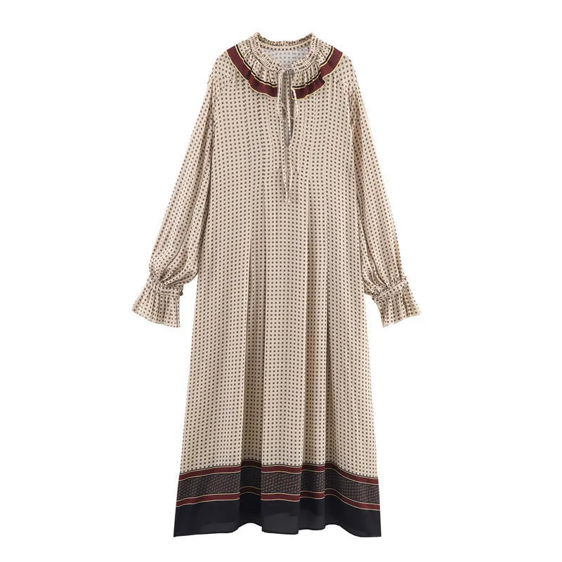 Women's long sleeve cotton dress with loose mid waist and stripes or plaid print, sizes XS to L