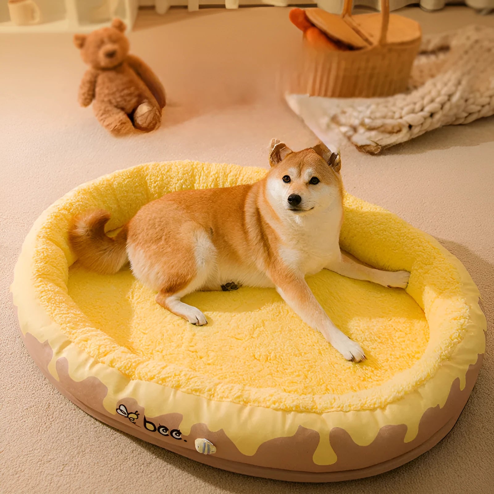 Grey and yellow washable pet bed with detachable cover for small and medium dogs and cats