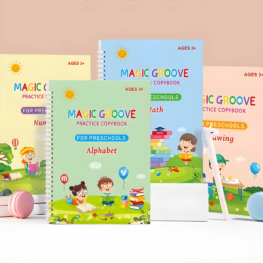 English children's groove magic calligraphy practice set with double-sided notched post design and ten refills