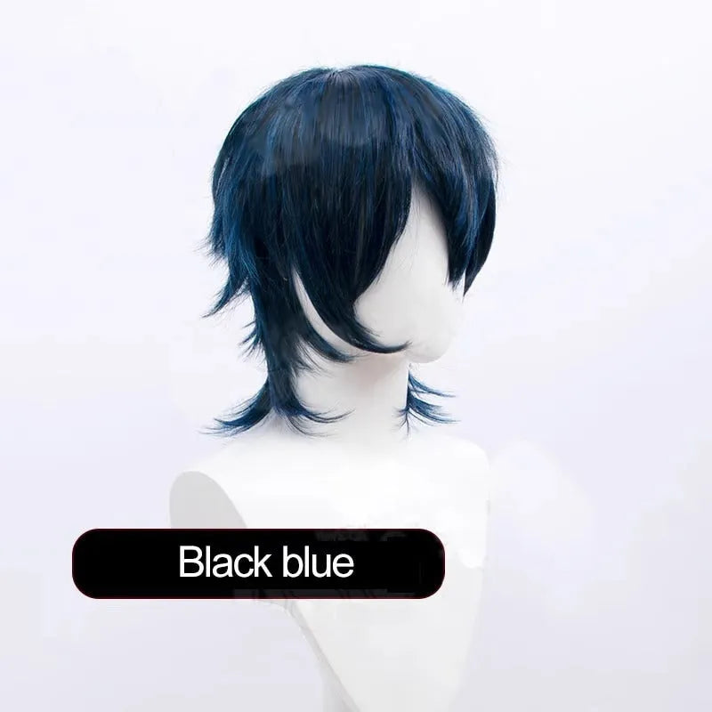 Short black anime cosplay wig for men with a lengthened hair tail, made from high-temperature fibre.