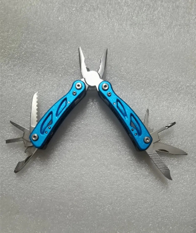 Blue multi-function folding pliers tool with a knife blade, shown folded and open next to its Oxford storage bag