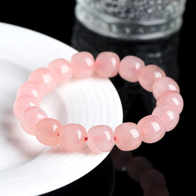 Natural pink crystal barrel bead bracelet geometric design 8x10mm