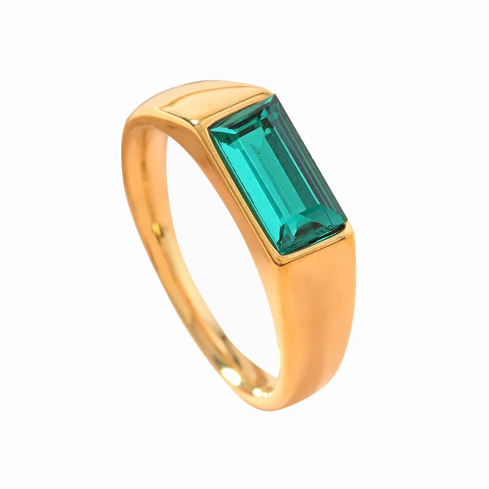 Rectangular colour rhinestone stainless steel ring with 18K gold plating in unisex sizes No 6-10