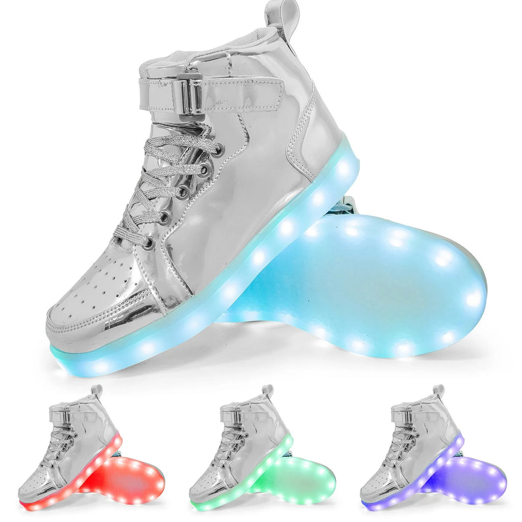 Black LED light-up high-top skate shoes with Velcro straps and glowing soles.