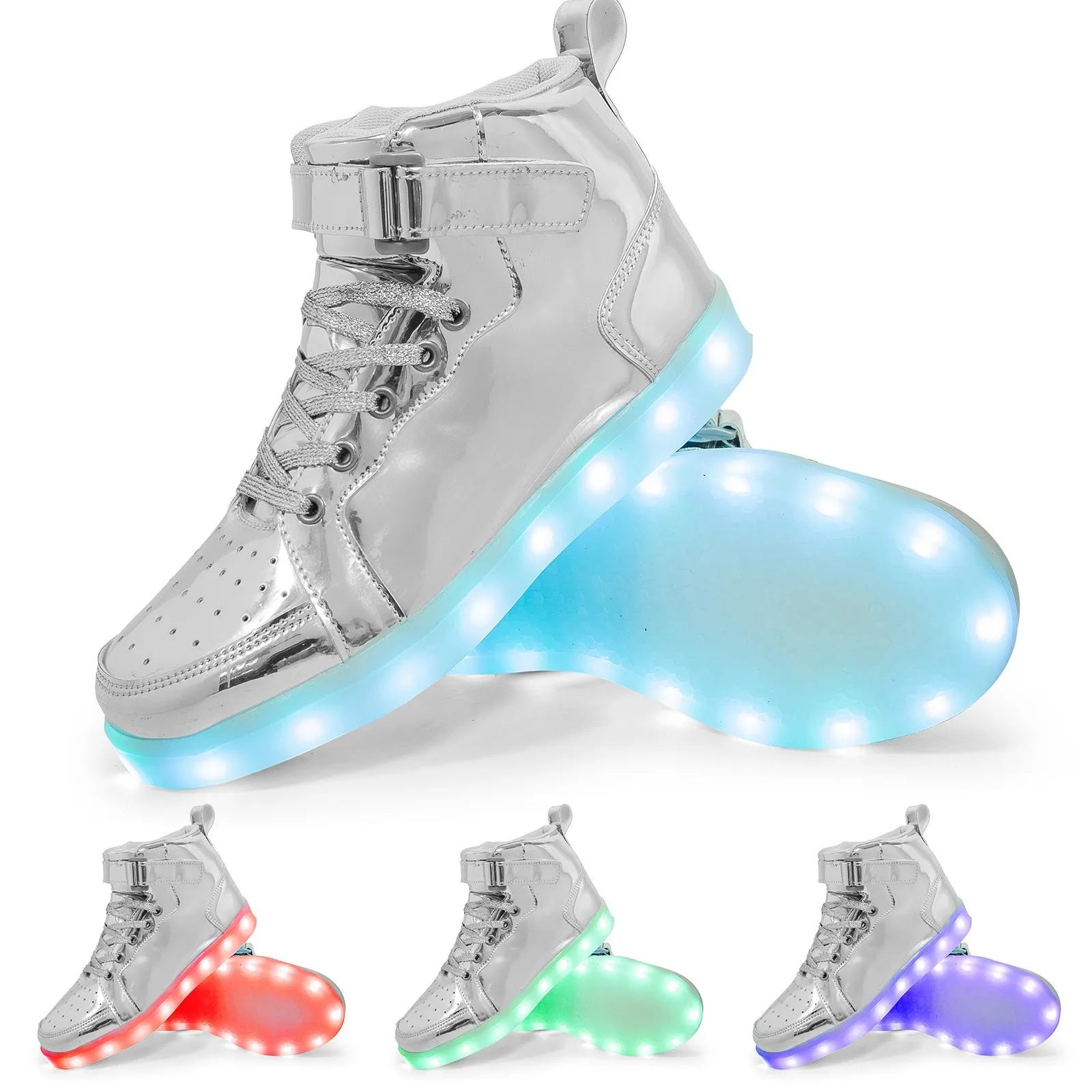 Black LED light-up high-top skate shoes with Velcro straps and glowing soles.