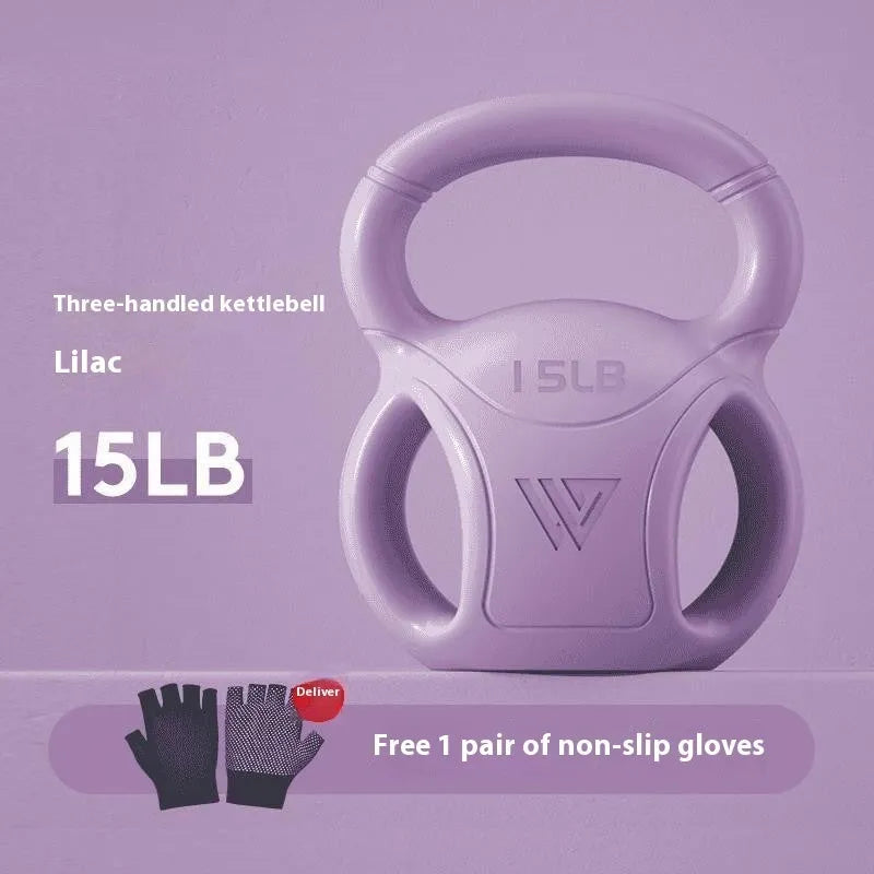 Pink kettlebell 10 lbs with gloves on wooden floor for home exercise