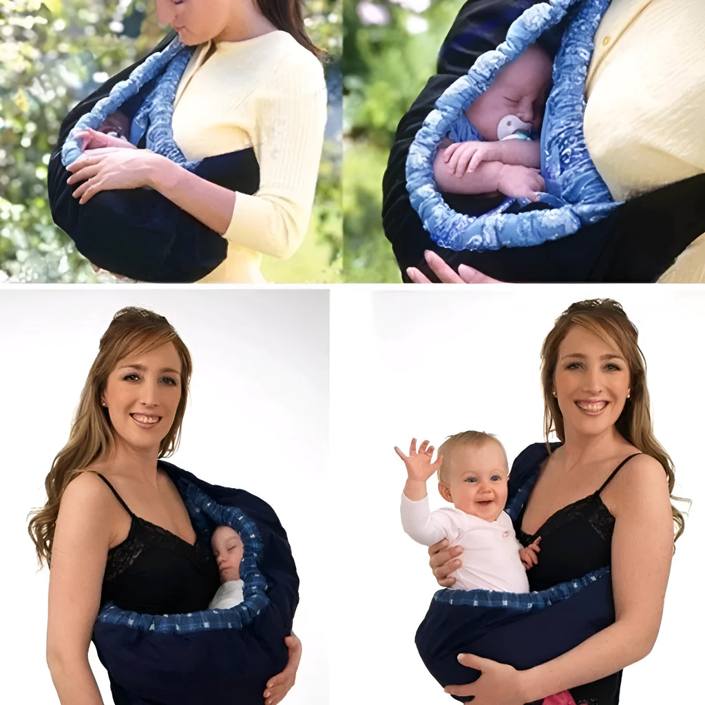 Newborn baby carrier sling with cross-arm one-shoulder strap in blue plaid fabric.