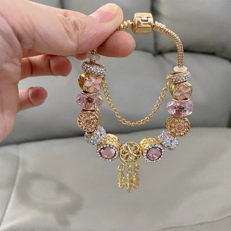 Women's dreamcatcher bracelet with colourful crystals, star shape, electroplated mixed material finish