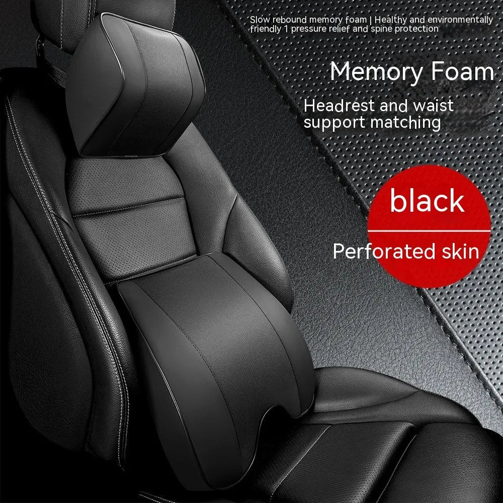 Memory foam car neck pillow and waist rest set in PU leather, available in black coffee beige and wine red colour options