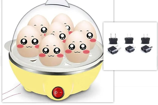 Blue electric egg steamer with transparent lid and egg tray on countertop