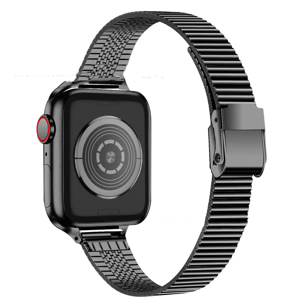Stainless steel watch strap with one bead and double buckle for Apple Watch, available in black, silver, rose gold, and rose pink