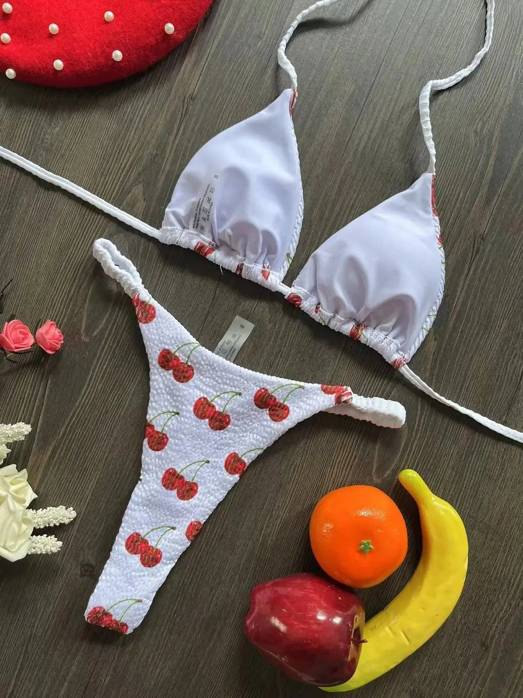 Women's printed nylon bikini swimsuit with cotton-lined briefs in three colour options