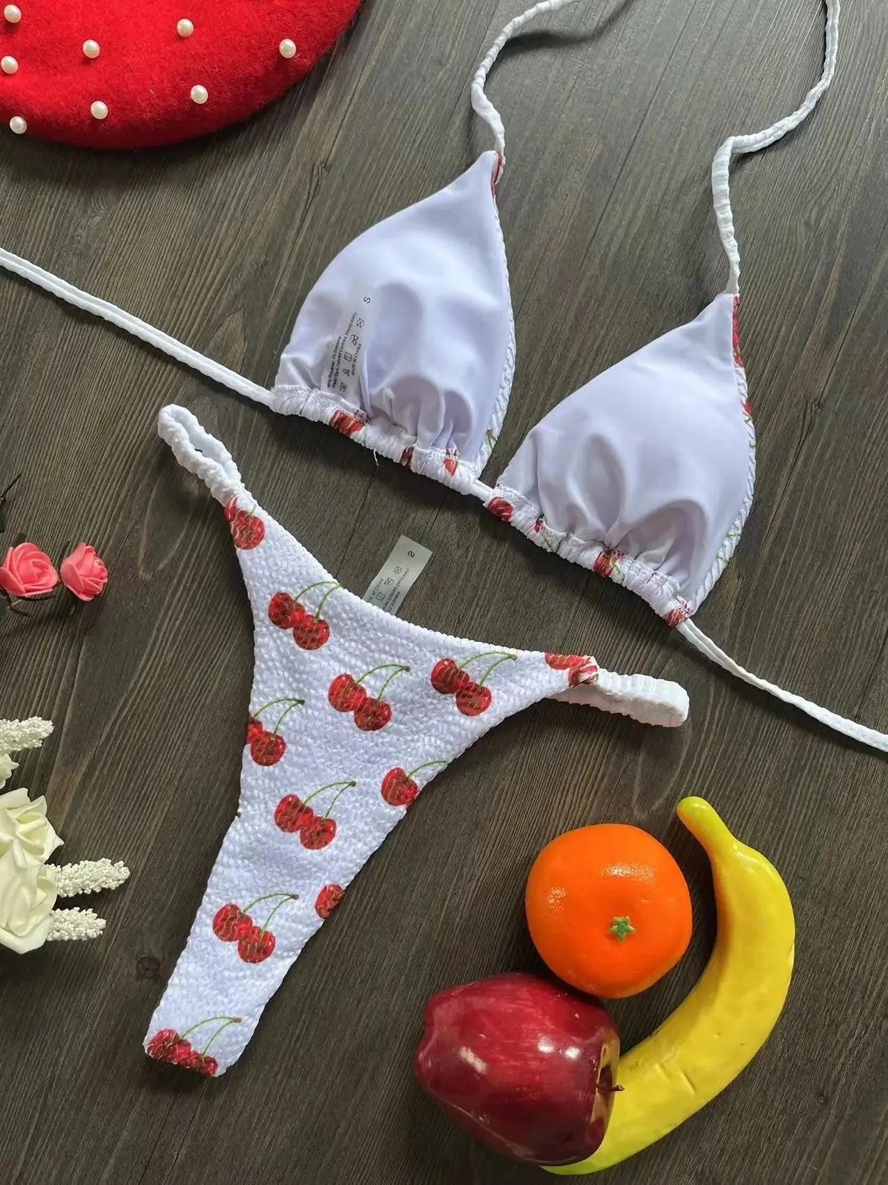 Women's printed nylon bikini swimsuit with cotton-lined briefs in three colour options