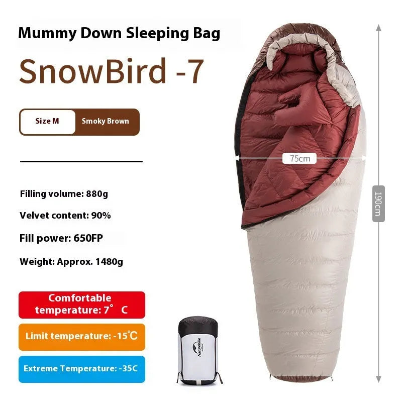 Goose down mummy sleeping bag for adults with storage bag, shown in multiple size and weight options.