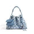 First layer cowhide one-shoulder underarm bag with denim contrast panels, horizontal square shape
