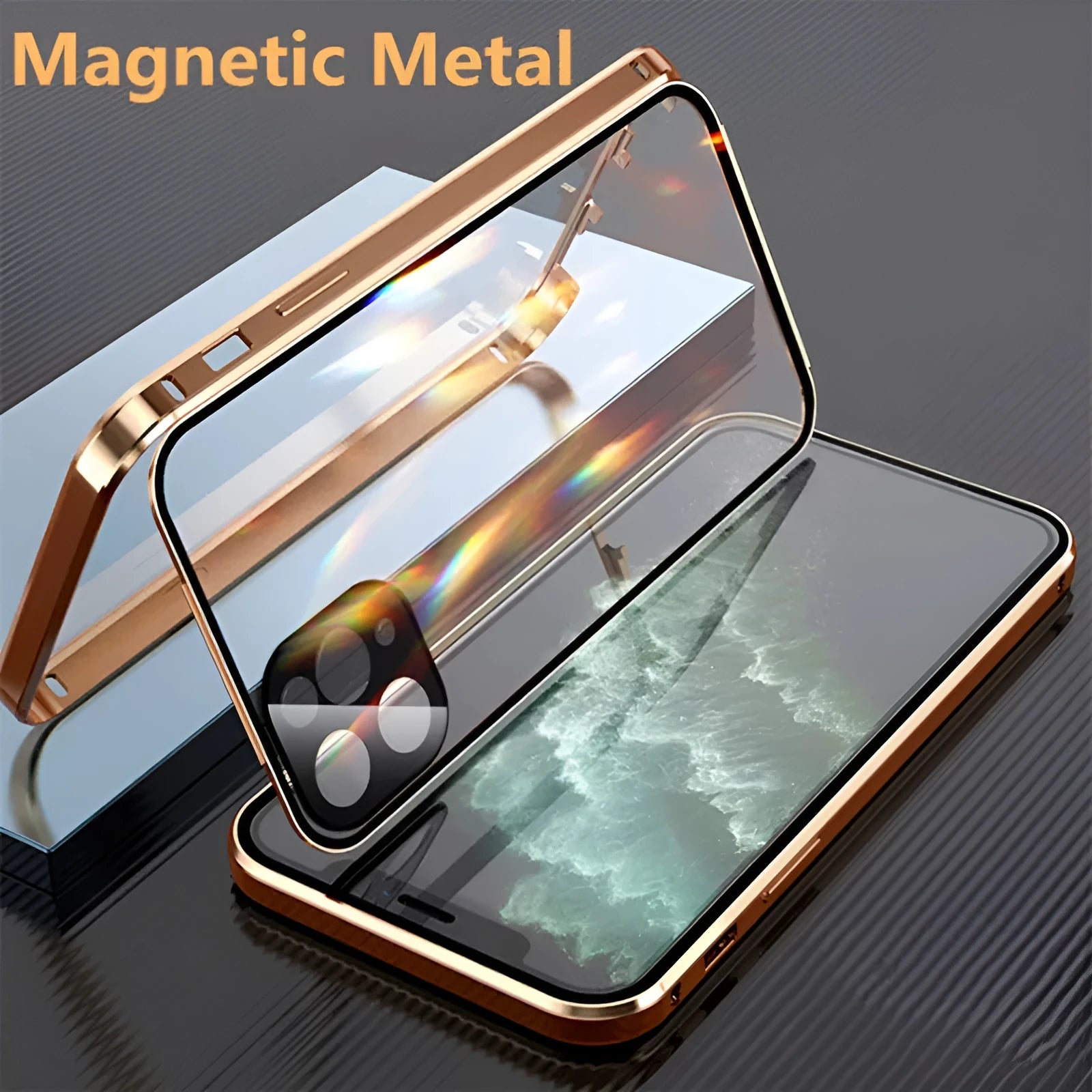 Magnetic metal frame iPhone bumper case with tempered glass protection in black colour