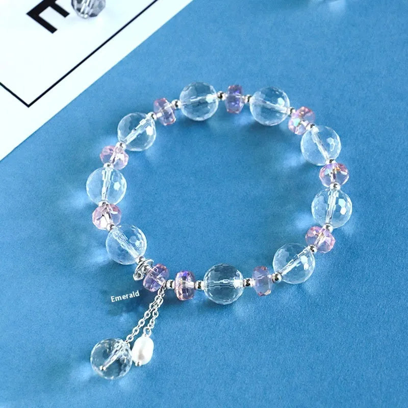 Women's white crystal bracelet with lucky cat charm and electroplated finish