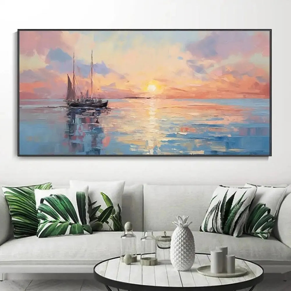 Handmade oil painting canvas wall art modern abstract sunrise over sea horizontal panoramic landscape