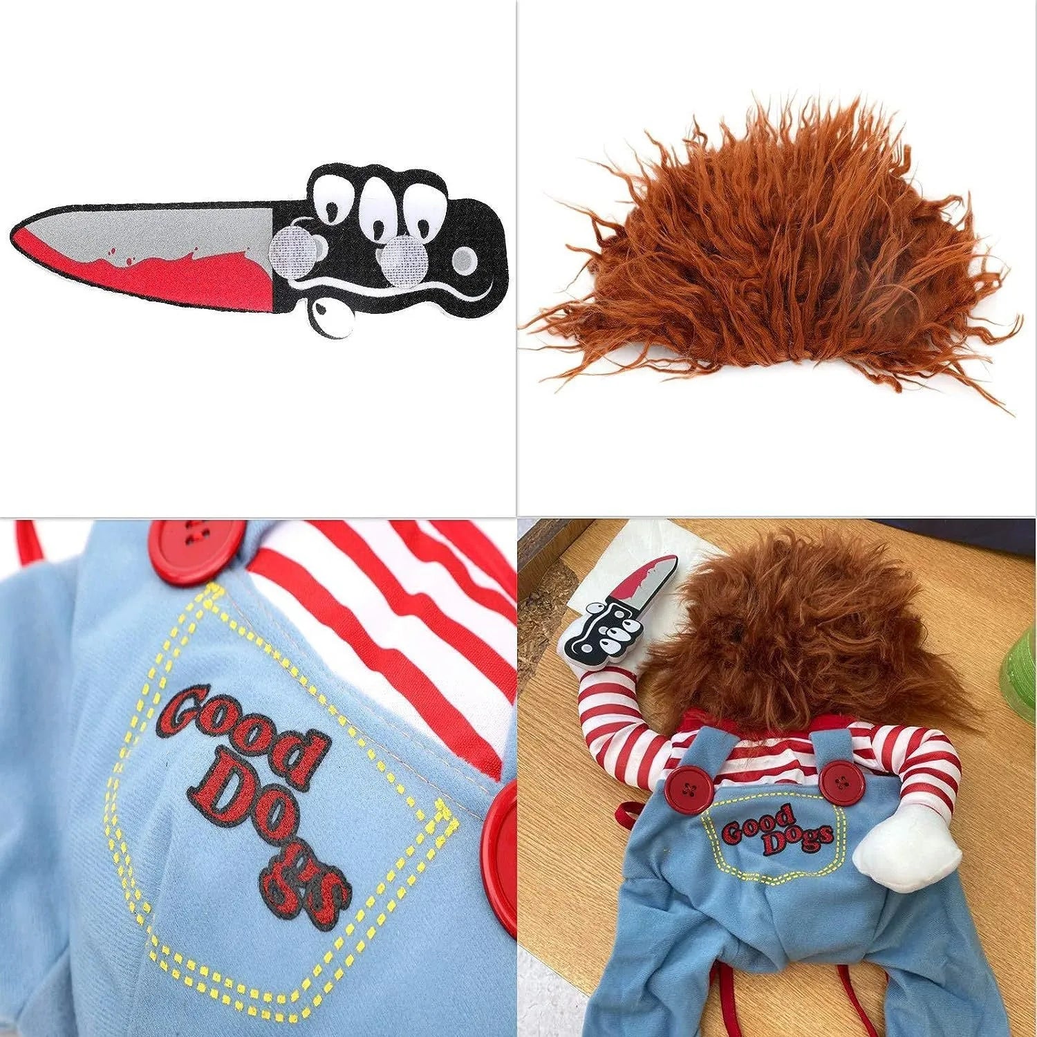 Halloween costume set on pet dog, showing striped harness pants and plastic knife prop.