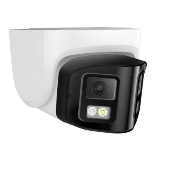 4MP dual-lens IP66 waterproof security camera with compact design for POE network installation.